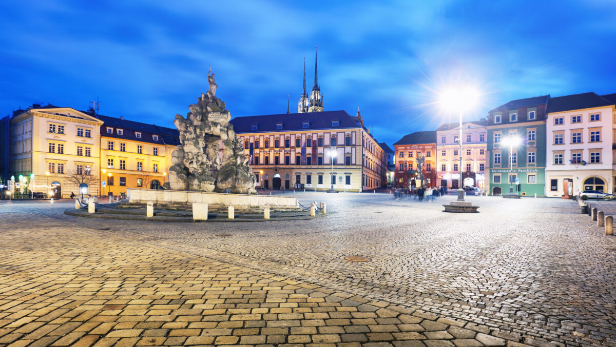 Czech Republic - Brno skyline at night with sqaure and cathedral Petrov