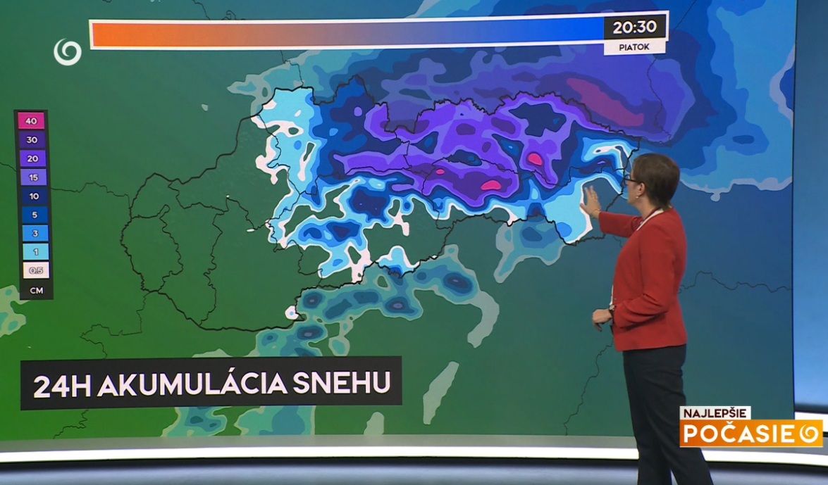 Meteorologička Miriam Jarošová v relácii Najlepšie počasie na TV Joj ukázala mapku s 24 hodinovou akumuláciou sneženia.