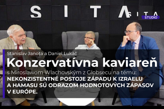 Stanislav Janota a Daniel Lukáč v rozhovore s Miroslavom Wlachovským počas nahrávania video podcastu Štúdia SITA - Konzervatívna Kaviareň.