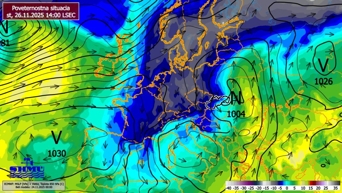 Poveternostná situácia na Slovensku v stredu 26. novembra o 14.00.