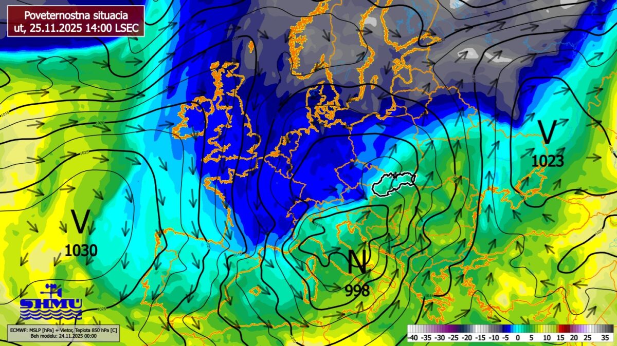 Poveternostná situácia na Slovensku v utorok 25. novembra o 14.00.