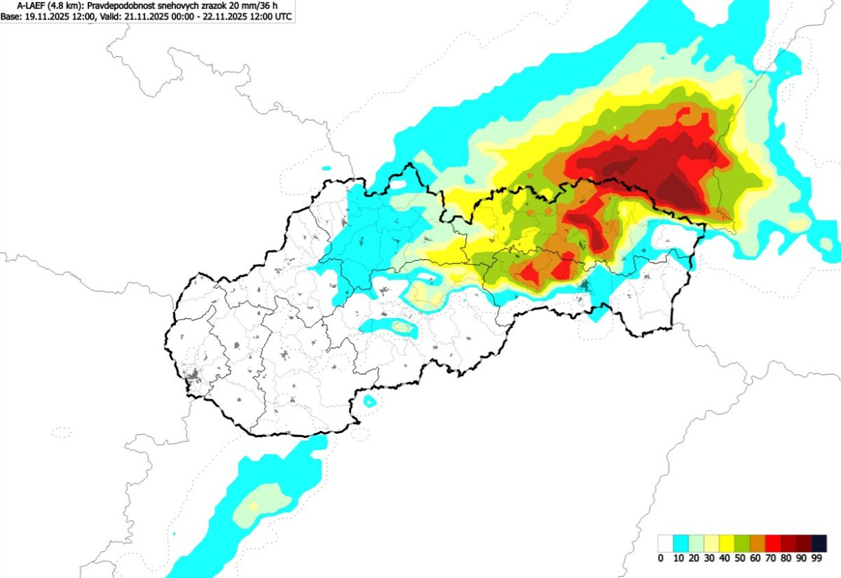 Pravdepodobnosť snehových zrážok 20mm/36 hodín - piatok 21. november až sobota 22. november 12.00.