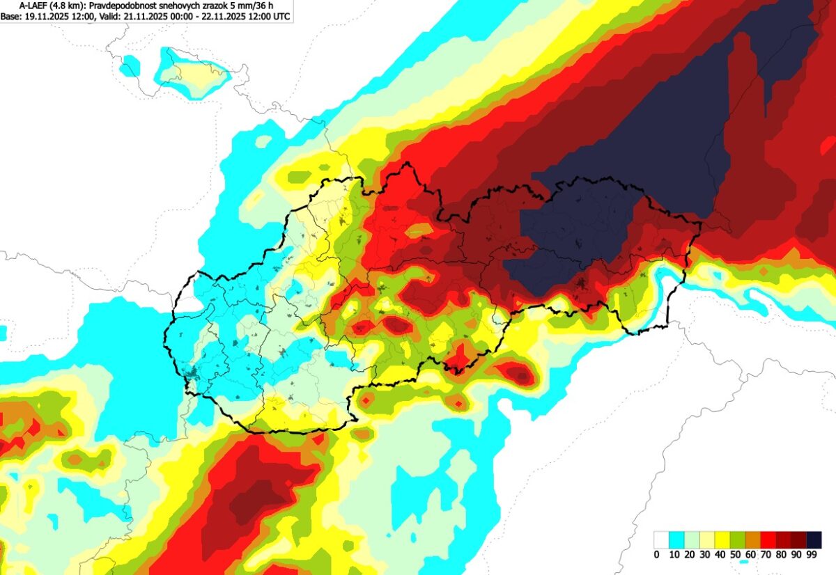 Pravdepodobnosť snehových zrážok 5mm/36 hodín - piatok 21. november až sobota 22. november 12.00.