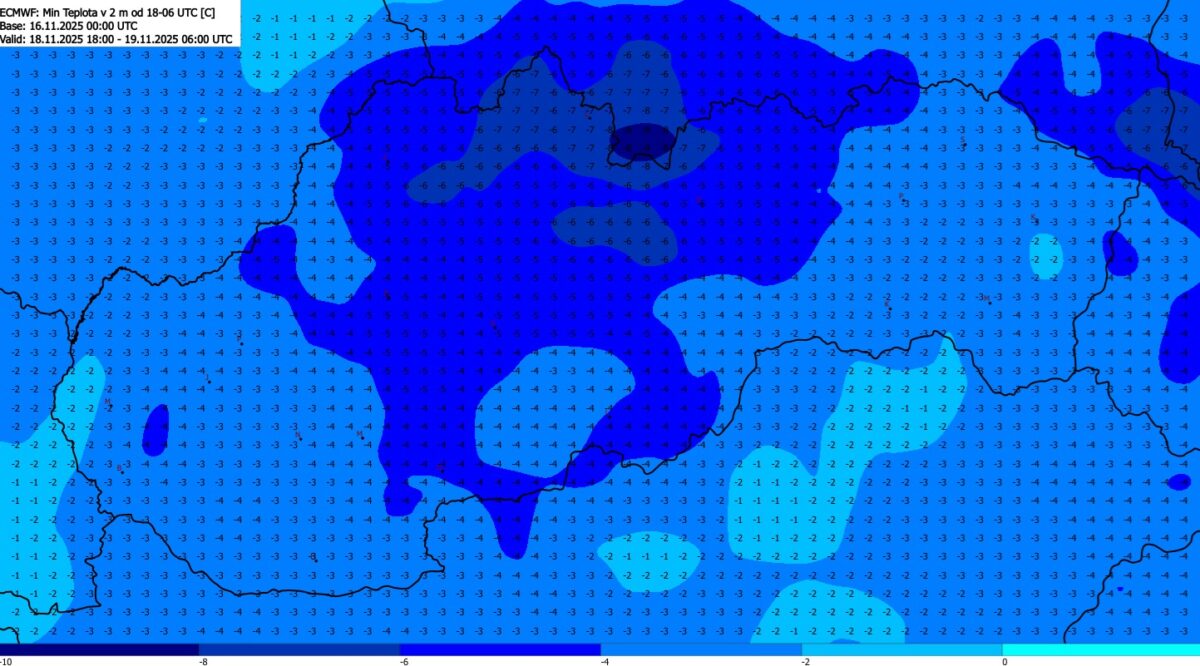 Predpokladaná najnižšia teplota na Slovensku v noci z utorka na stredu.