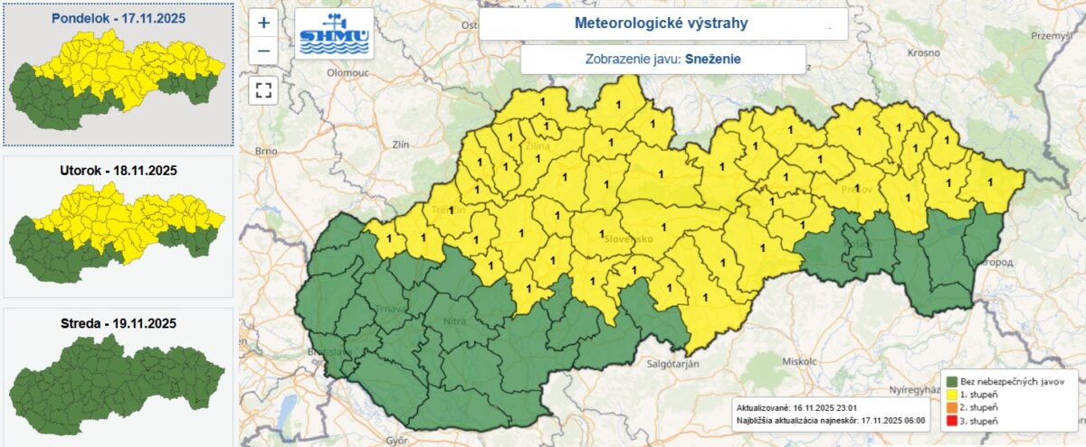 SHMÚ vydal výstrahu prvého stupňa pred snežením pre 45 okresov Slovenska.