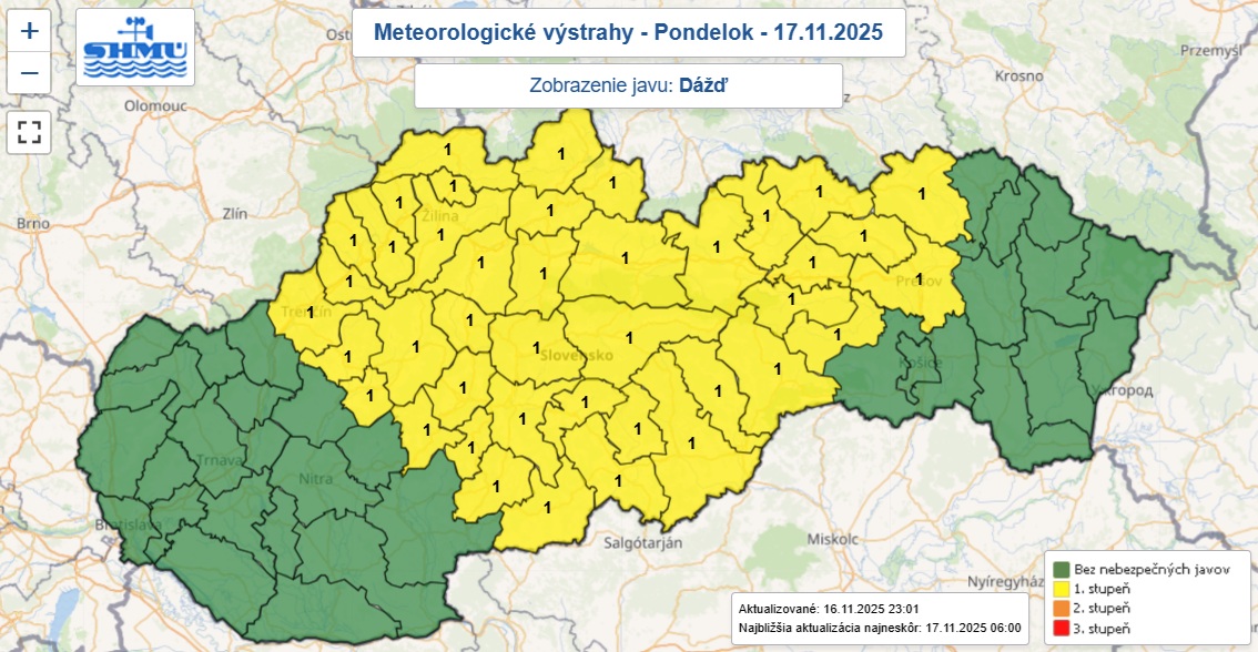 Výstraha prvého stupňa pred dažďom je v pondelok od 6.00 do 18.00 vydaná pre 41 okresov Slovenska.