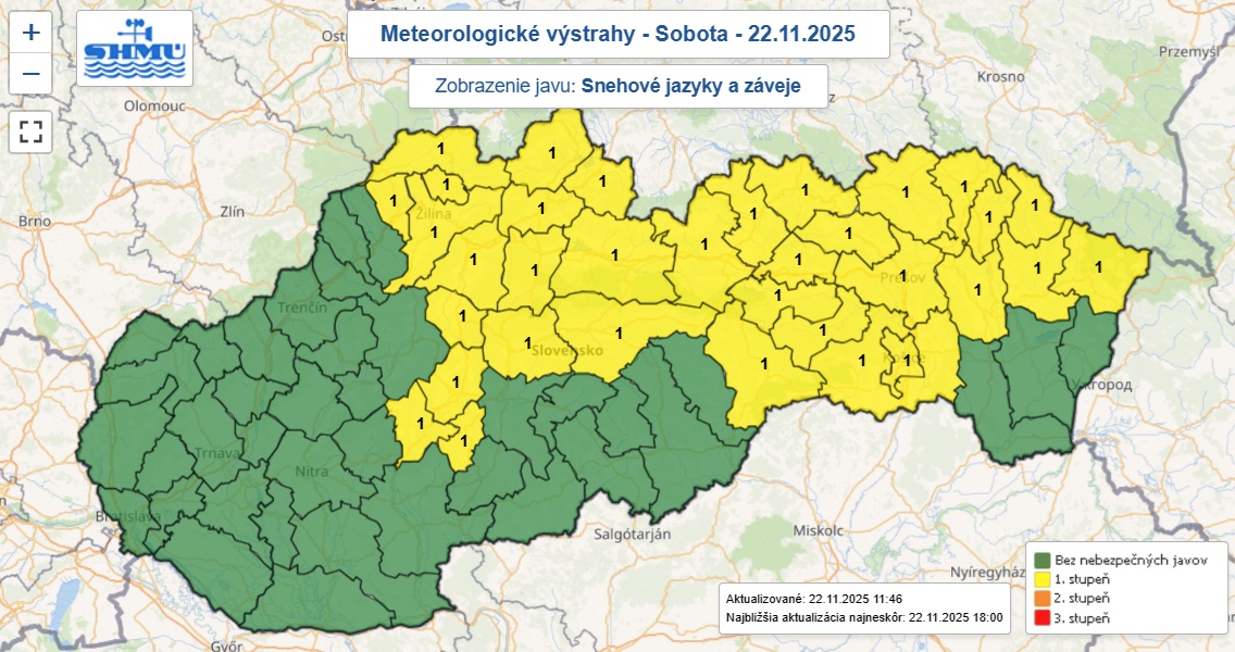 Výstraha prvého stupňa pred snehovými jazykmi a závejmi je v sobotu vydaná pre žltou farbou označené okresy Slovenska.