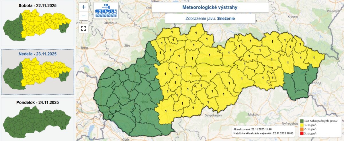 Výstraha prvého stupňa pred snežením je pre 45 okresov Slovenska vydaná od soboty 21.00 do nedele 9.00.