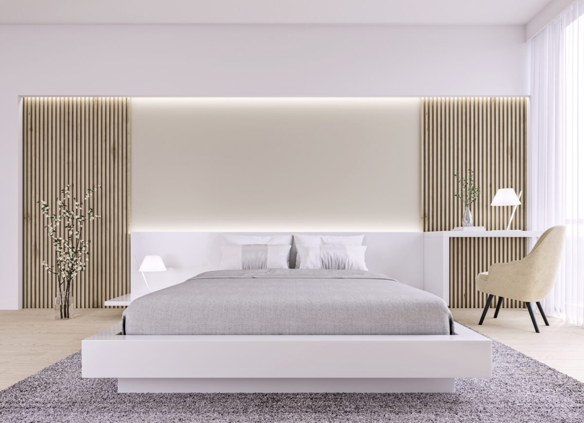 Modern interior design of bright spacious bedroom with wood slat wall and accent lighting, 3d rendering, 3d illustration