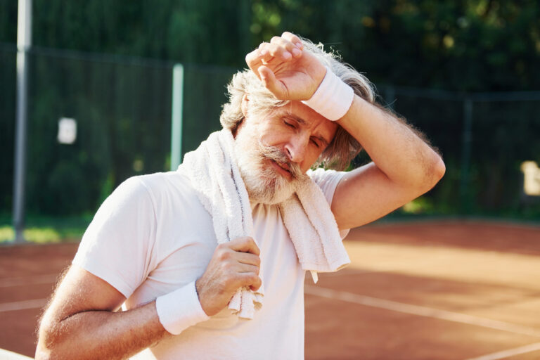 Tired senior modern stylish man outdoors on the sportive field at daytime