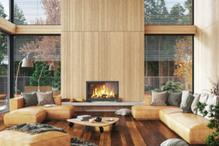 Modern interior with fireplace in house near forest