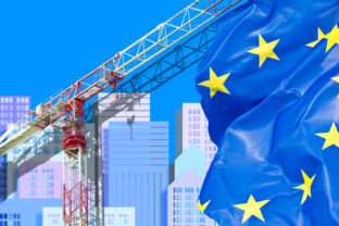 Building activity in Europe - concept with an imaginary cityscape against an European flag and tower crane