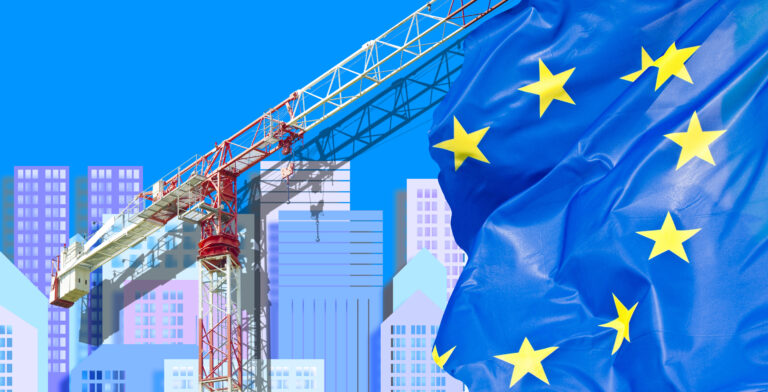 Building activity in Europe - concept with an imaginary cityscape against an European flag and tower crane