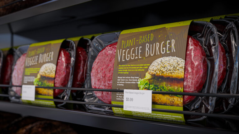 Vegan burger vacuum packed on a store shelf - 3d illustration