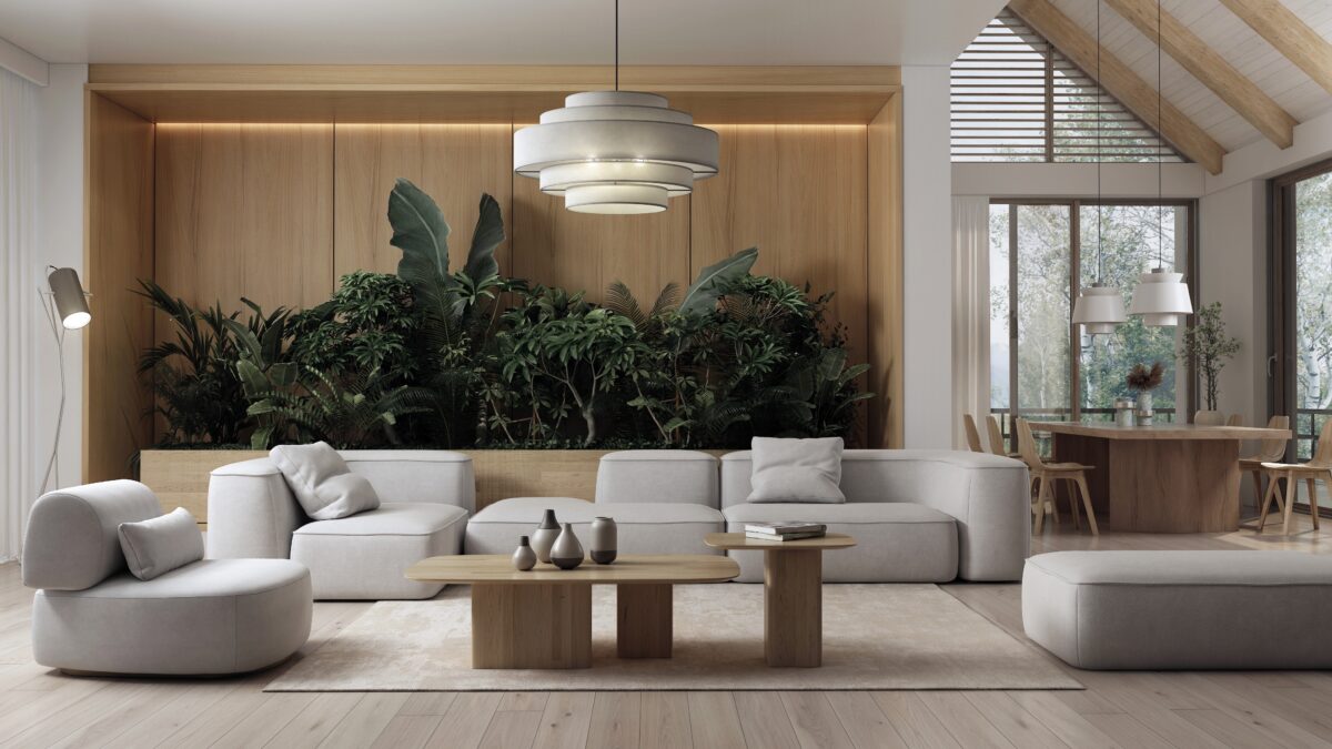 Japandi style living room interior with a wall of plants and foliage.