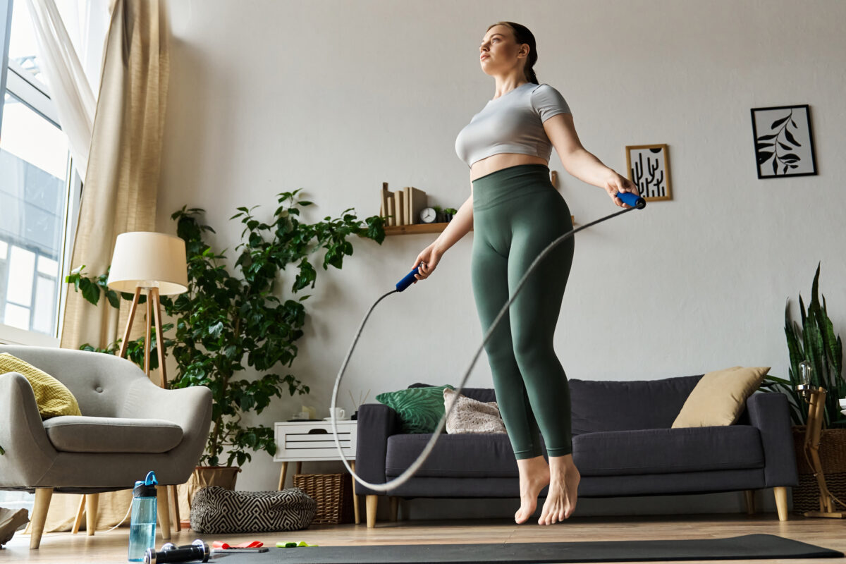 Young woman in sportswear jumps rope in her living room during an invigorating home workout
