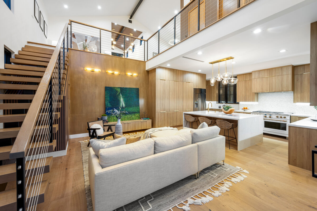 Interior design of a modern living room with a staircase