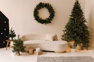 Christmas Festive Interior Of A Decorated Cozy Living Room With A Sofa At Home