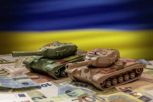 Tanks against a background of euro banknotes and the Ukrainian flag, military spending and financial aid.