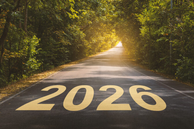 The new year 2026 or straightforward concept. number 2026 written on the road in forest. planning and challenge, business strategy, opportunity, hope, exit, and new life.