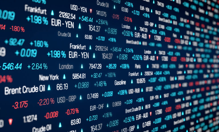 Stock market trading floor, stock index data, currency rates and commodity prices.