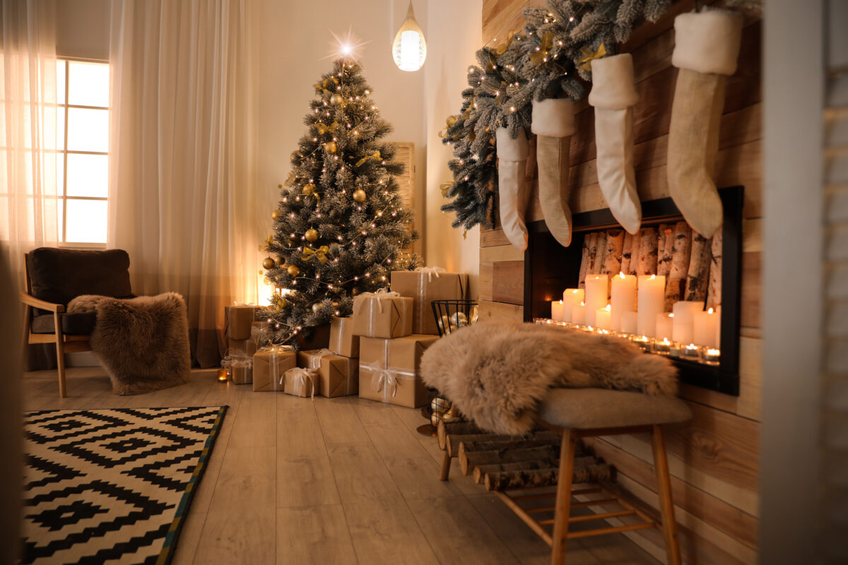 Festive Christmas living room with a decorated tree