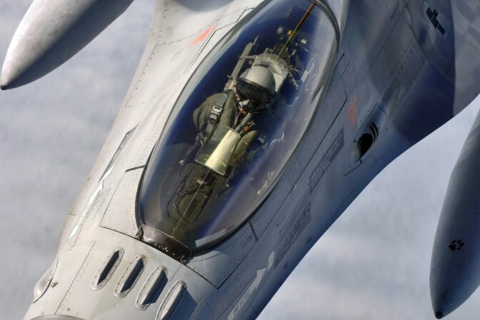 A Belgian F 16 Fighting Falcon flies into contact position below and behind a KC 135 Stratotanker from Royal Air Force Mildenhall, England, over the North Sea on July 25.
