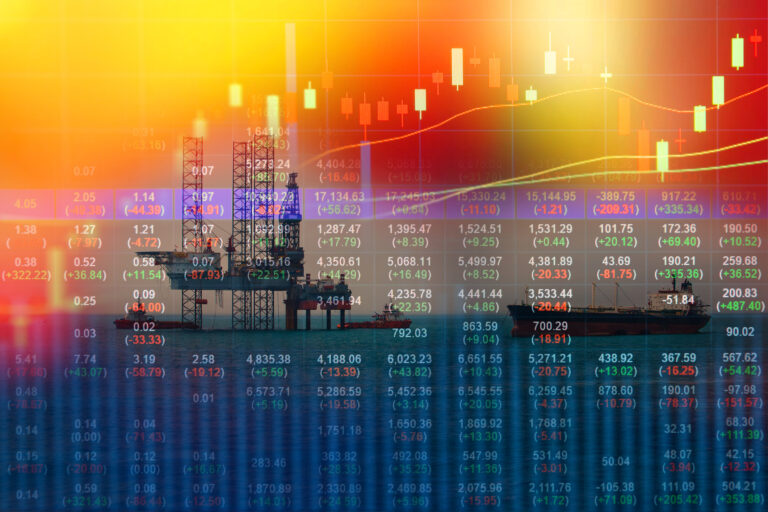 Stock market concept with oil rig in the gulf background,Double exposure,Energy crisis
