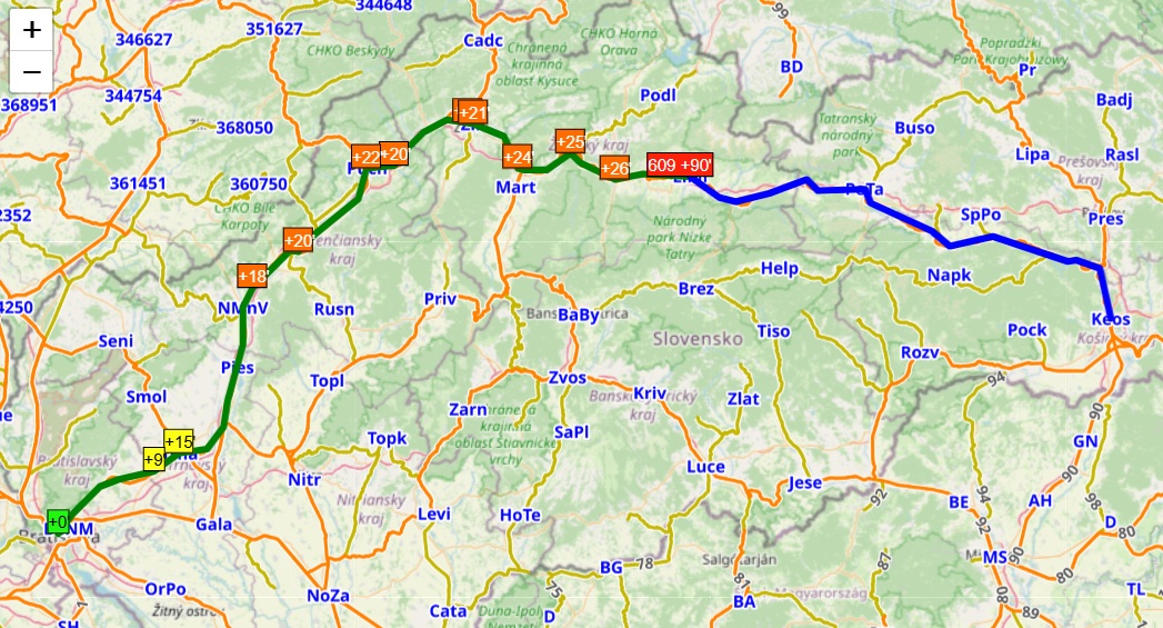 Mapa trasy vlaku Ex609 z Bratislavy do Košíc.