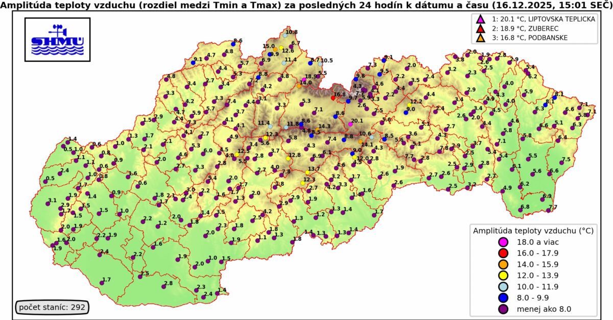 Rozdiel medzi najnižšou a najvyššou teplotou vzduchu na Slovensku v utorok 16. decembra 2025.