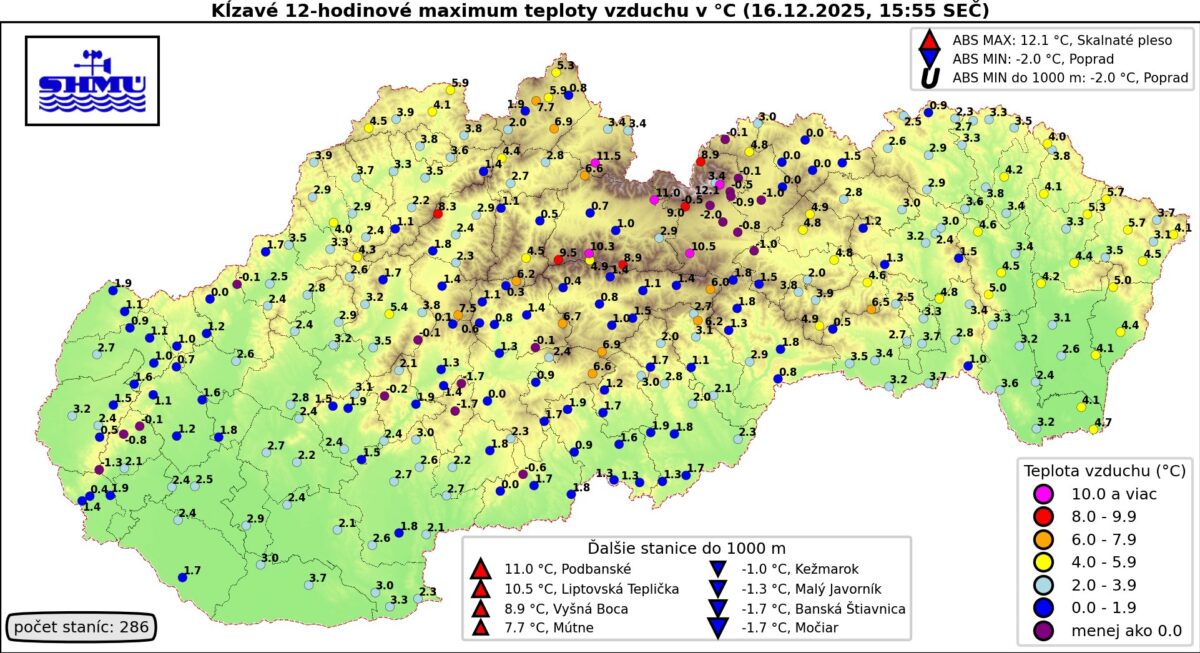 Teplota vzduchu na Slovensku v utorok 16. decembra 2025.