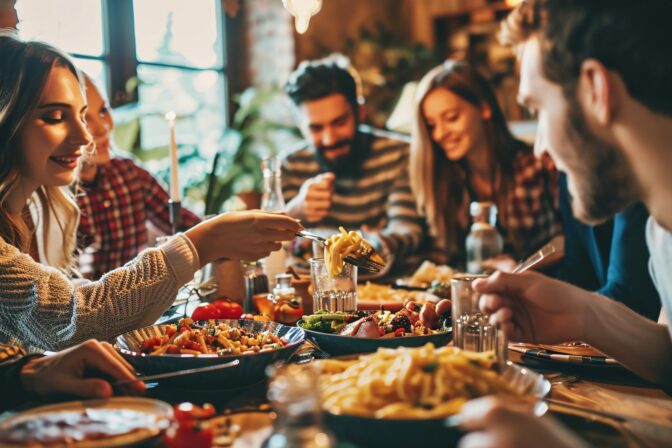 Joyful group of pals enjoying pasta at a home gathering - Happy individuals sharing a meal - Lifestyle idea with friends and acquaintances commemorating turkey day - Vibrant edit.