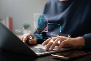 Umelá inteligencia generujúca obsah na notebooku – vizuál znázorňujúci digitálne technológie, dátové centrá a ich vplyv na spotrebu energie a klímu