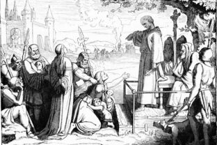 Stredoveké zobrazenie morovej epidémie v Európe – ľudia prosia kňaza o pomoc počas šírenia čiernej smrti