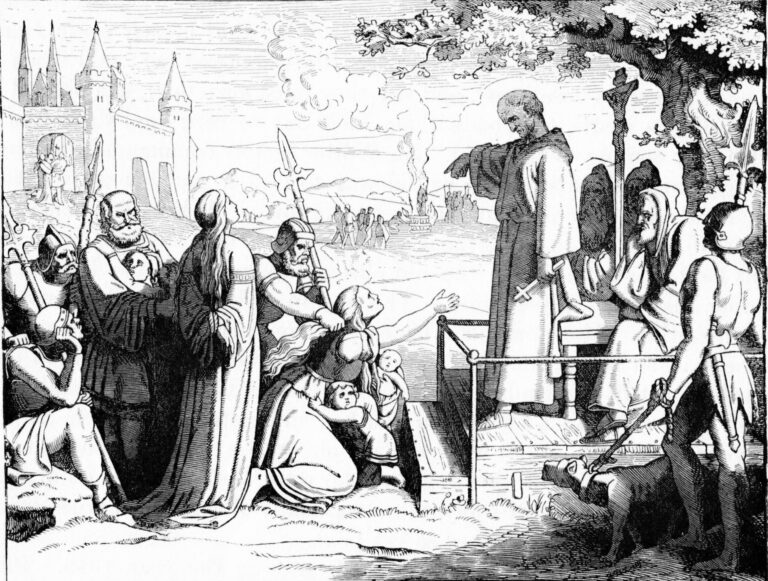 Stredoveké zobrazenie morovej epidémie v Európe – ľudia prosia kňaza o pomoc počas šírenia čiernej smrti