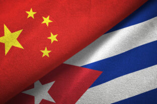 Cuba and China two flags together textile cloth, fabric texture