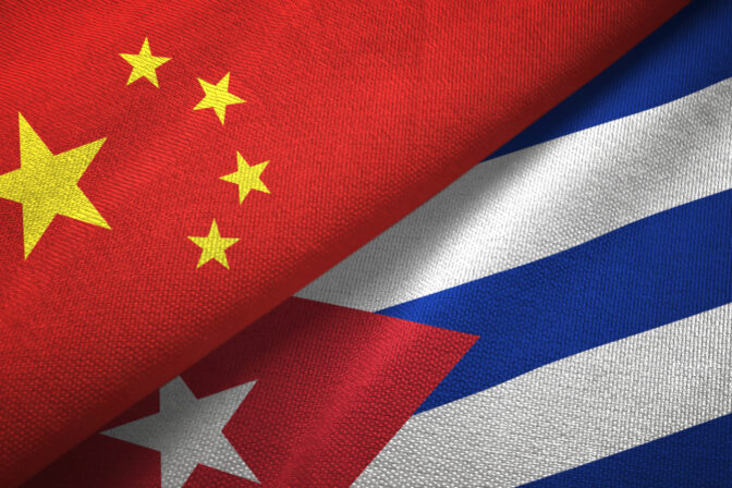 Cuba and China two flags together textile cloth, fabric texture