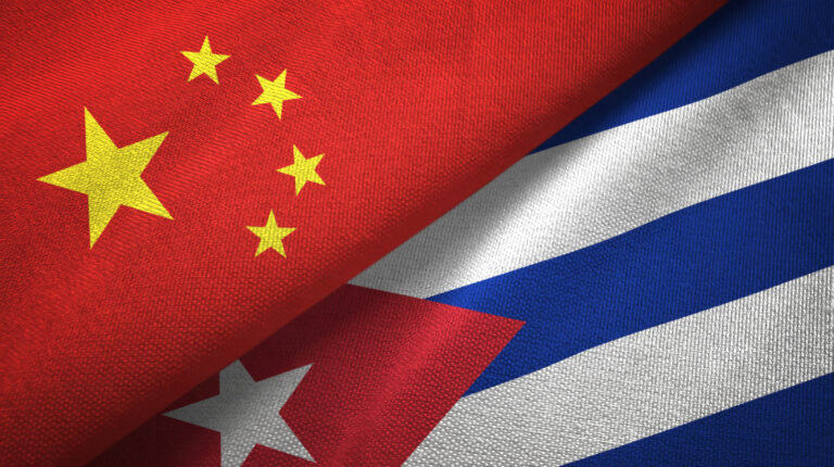 Cuba and China two flags together textile cloth, fabric texture