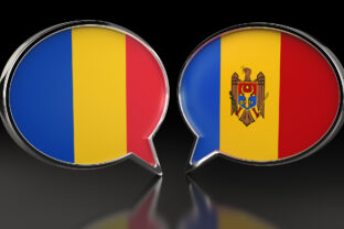 Romania and Moldova flags with Speech Bubbles. 3D illustration