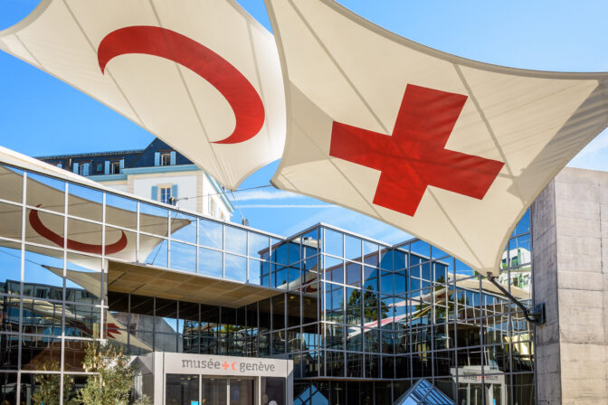 Entrance of the International Red Cross and Red Crescent Museum in Geneva, Switzerland.
