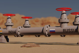 The gas pipeline with flags of Russia, Turkey and EU