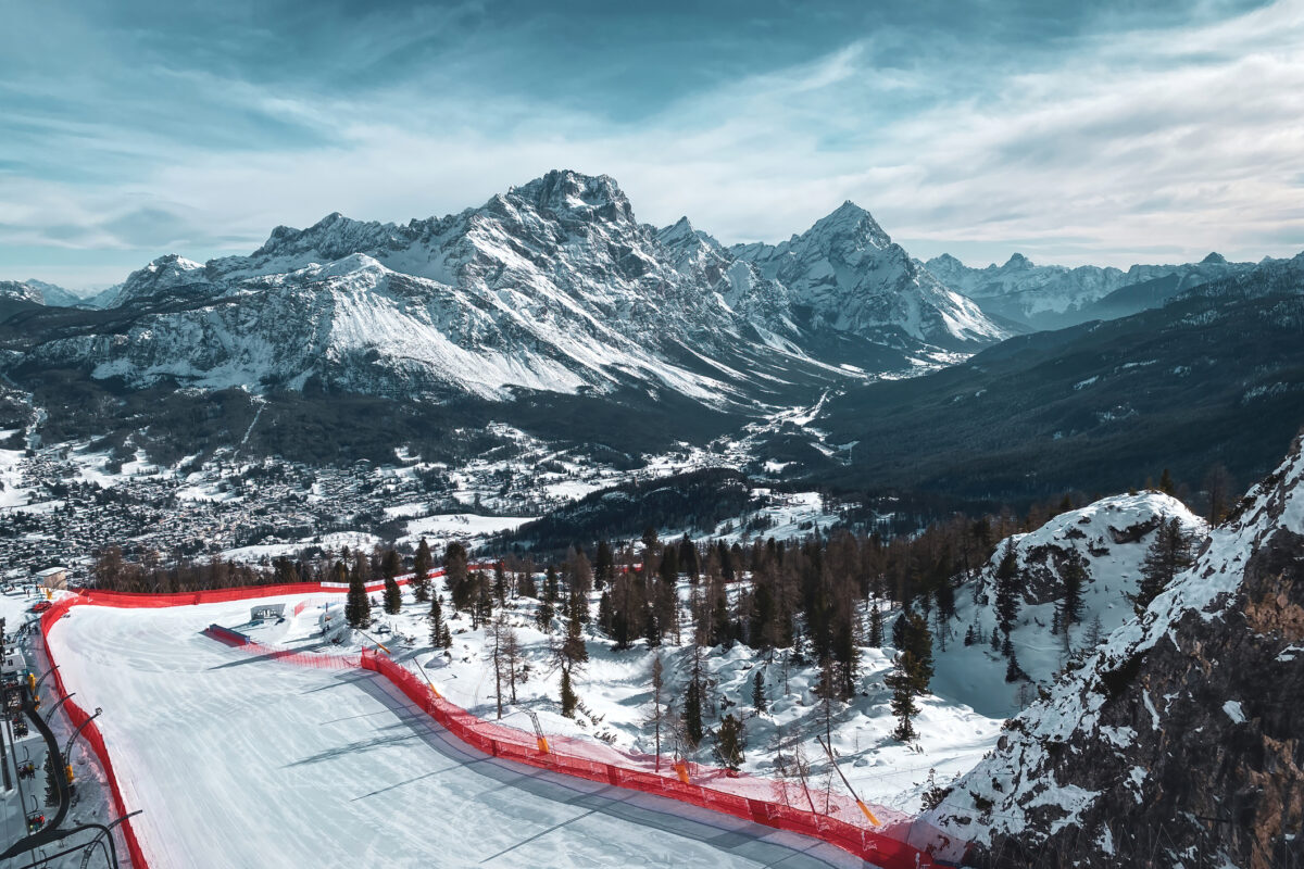Scenic view of Tofana ski racing slope in Cortina d'Ampezzo in Italy against Punta Sorapiss Mountain