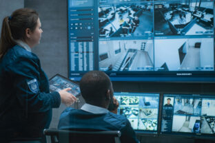 Multiethnic CCTV operators control security cameras on computer and tablet