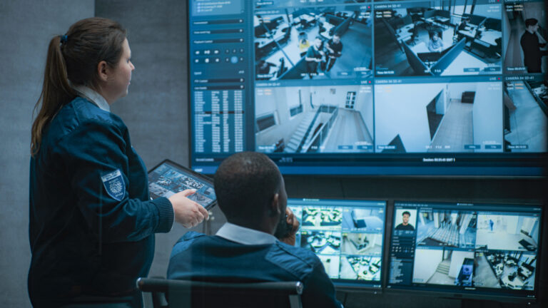 Multiethnic CCTV operators control security cameras on computer and tablet