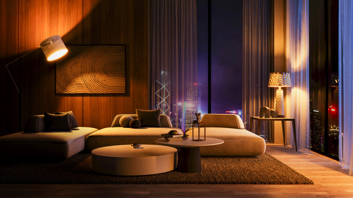 Warm light living room by night