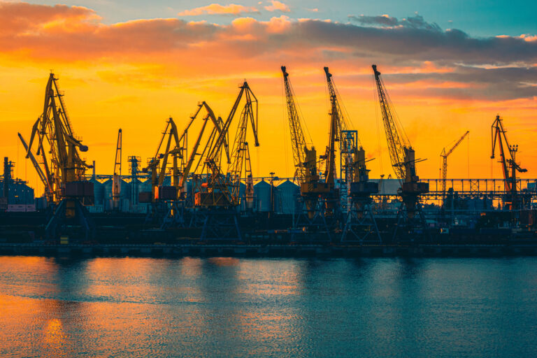 The harbor of the seaport of Odessa.  International cargo transportation by sea. Transport business in Ukraine.