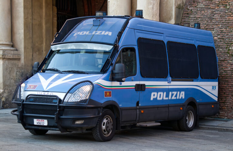 Police van in the main square of Bologna. Italy
