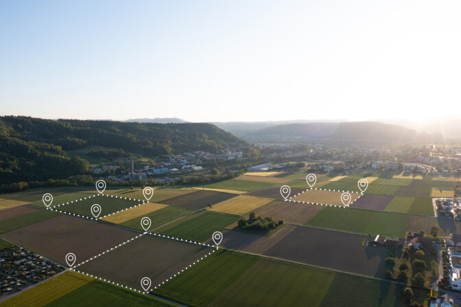 Land plot in aerial view. Gps registration survey of property, real estate for map with location, area. Concept for residential construction and development. Also home, house for sale, buy, purchase.