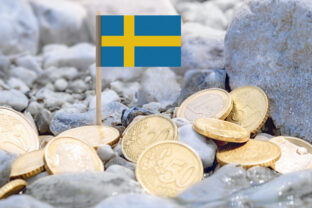 Flag of Sweden and euro currency coins on the riverbank.