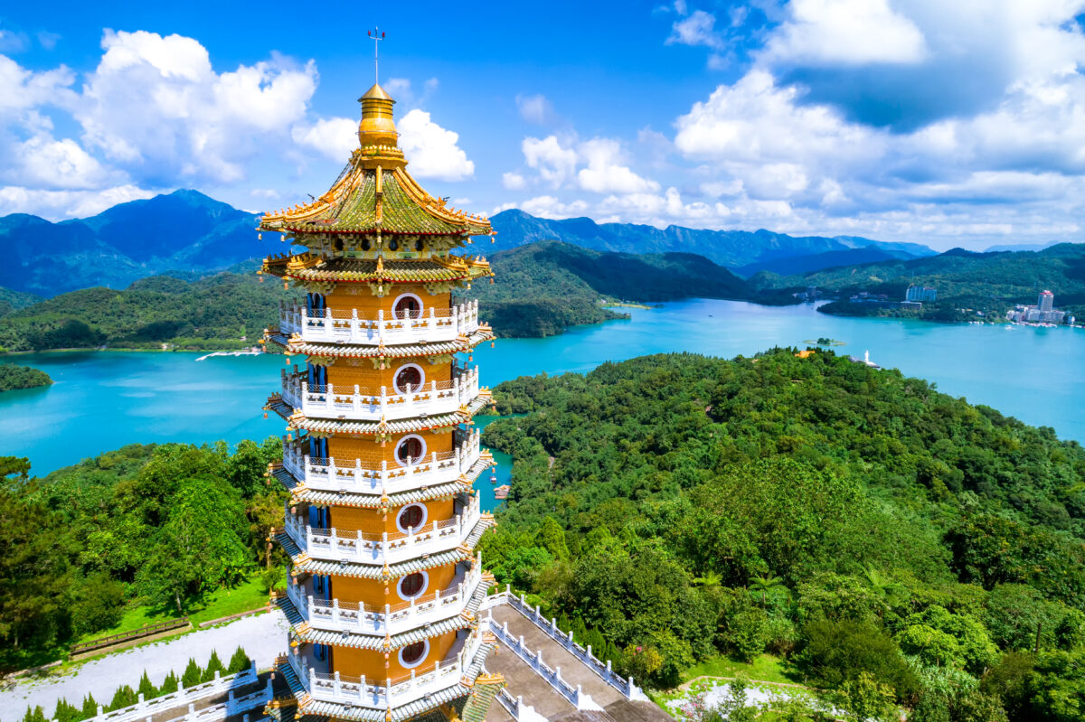 Aerial view of Pa Cien Pagoda with Ita thao pier background in Nantou